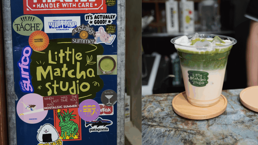 Matcha latte and storefront at Little Matcha Studio