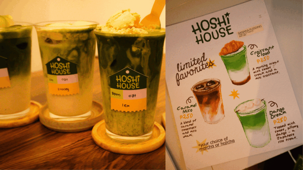 Matcha drinks and menu at Hoshi House