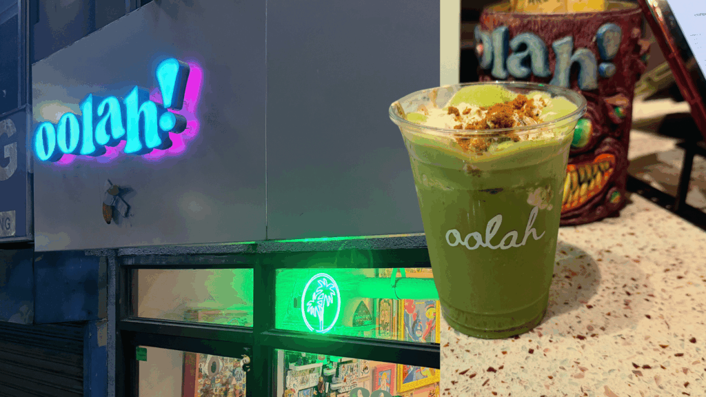 Oolah café entrance and matcha drink